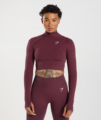 Przycięte Topy Damskie Gymshark Vital Seamless 2.0 High Neck Midi Bordowe | PL 2657QMA